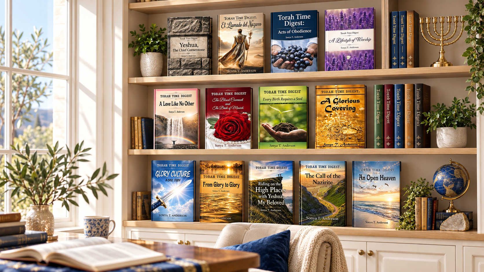 Torah Time Digest books by Sonya T. Anderson displayed in a bright home library